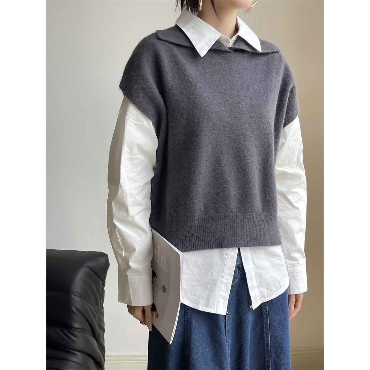 Mengzi chic cuello alto diseño exterior chaleco vintage muestra pullover sin mangas chaleco adelgazante superior X1230 image 5