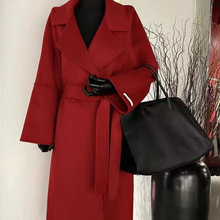西西里新年战袍圣诞红色羊绒大衣外套女羊毛高端系带长款毛呢外套