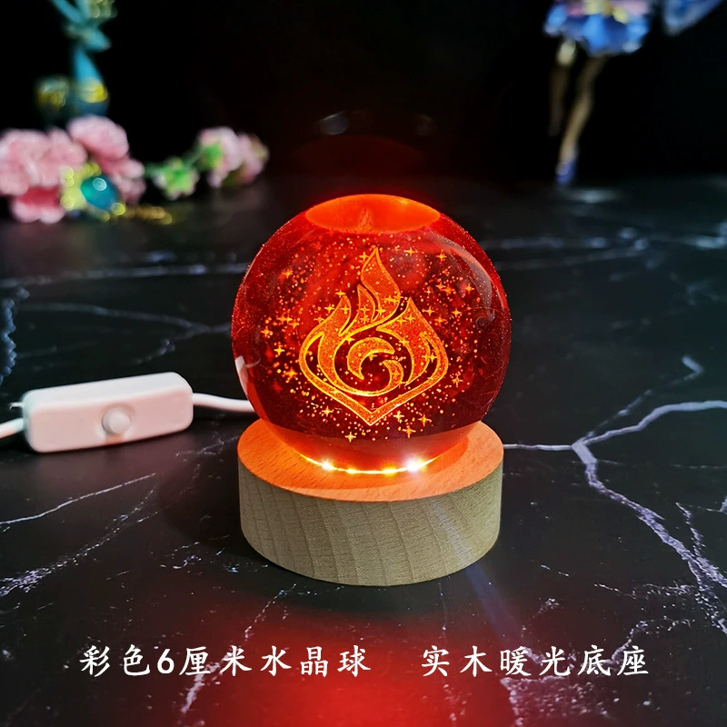 Ночная лампа кристальный шар (Genshin Impact), 3D-гравировка семи стихий, LED или деревянная подставка