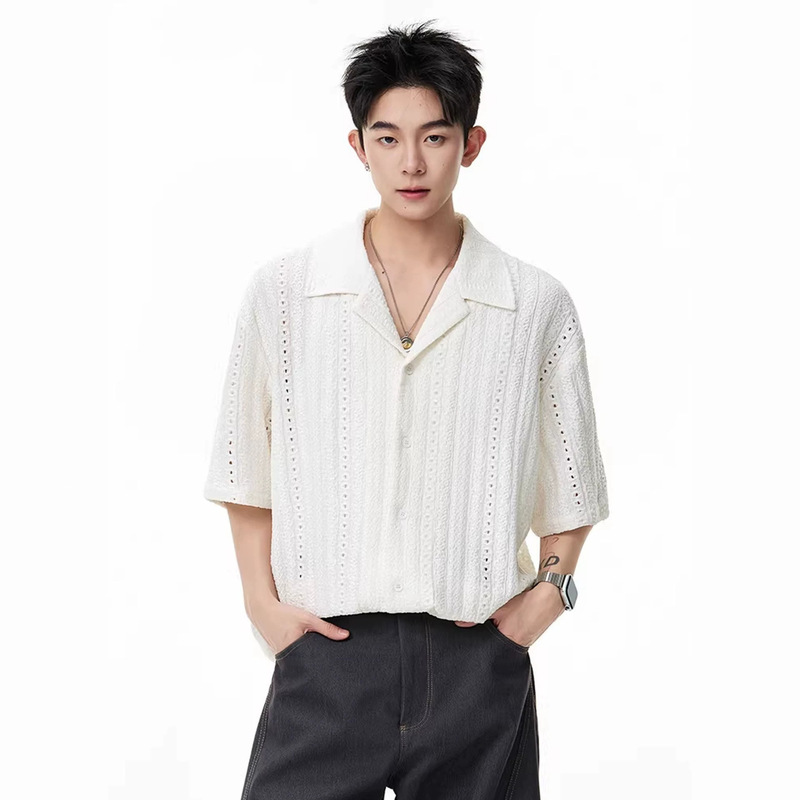 Old Money Style Hollow-Out Cuban Collar Shirt for Men and Women, New Summer High-End Short-Sleeve T-Shirt, Solid Color, Loose Fit, Five-Quarter Sleeves