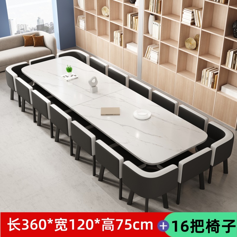 360*120 patrón de imitación de piedra costura de escritorio cuero negro techo blanco una mesa dieciséis sillas