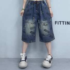 2025夏季新款 复古卡通鼠印花牛仔六分裤 宽松高腰系带外搭短裤女