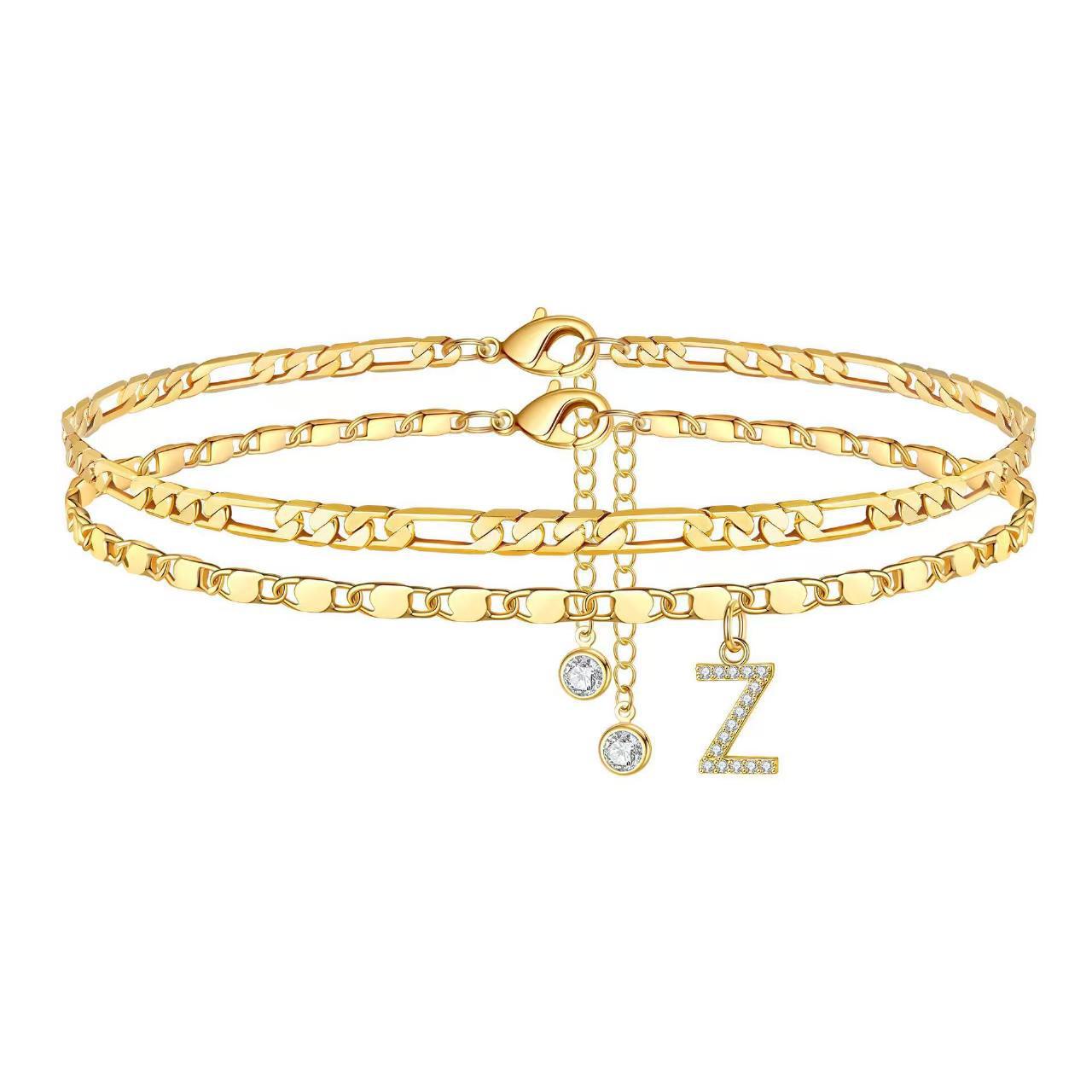 14K Gold Plated Layered Figaro Chain Anklet Set with CZ Initials for Women Fashionable Summer Gift Classic Hip-Hop Style Metal Jewelry_voghion.com