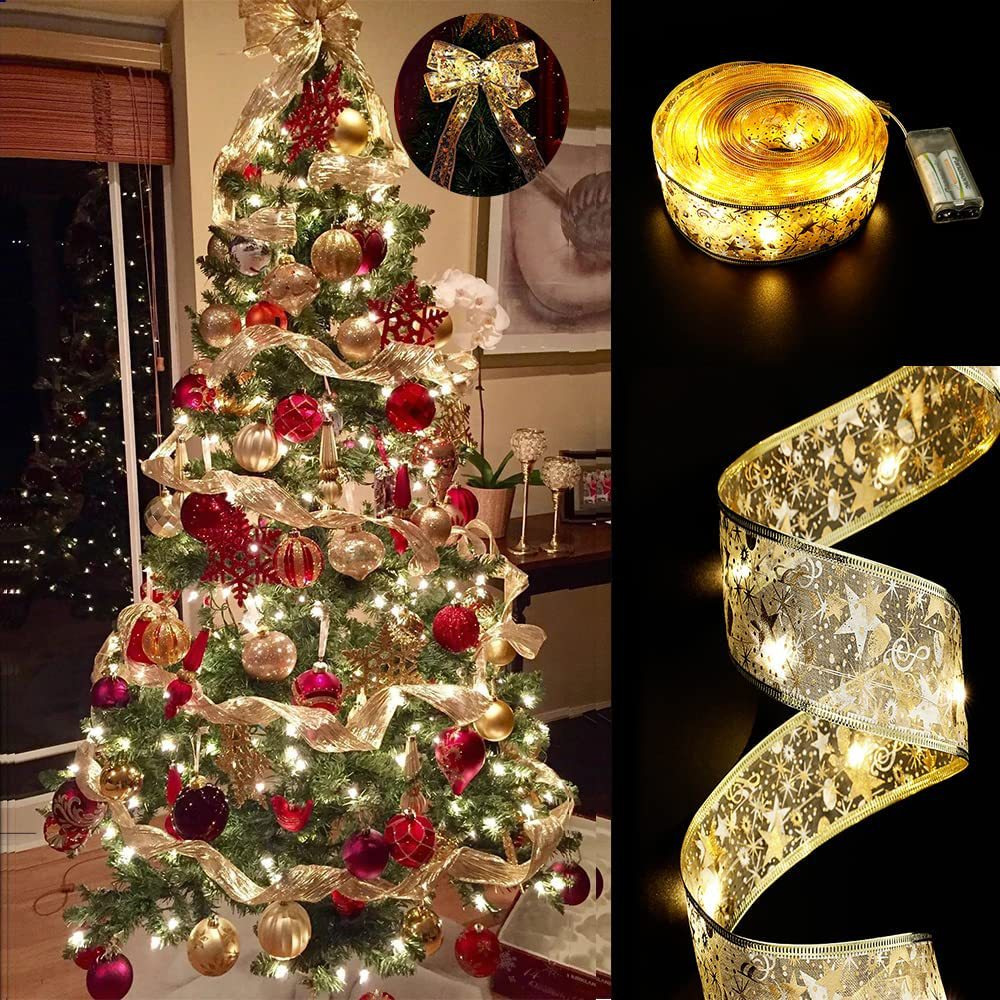 Guirlande lumineuse LED en ruban de Noël Décorations de Noël Décoration d'arbre de Noël Pendentif Cadeau Ruban double couche bronzant_voghion.com