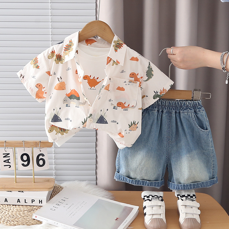 New Children's Clothing 2026 Summer Boys Dinosaur Shirt Short-Sleeved Suit Handsome Children's Summer Three-Piece Suit Trendy Wholesale