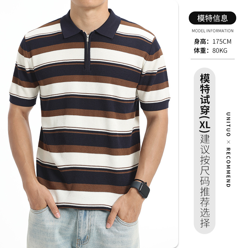 Cross-border 2026 verano hombre rayas hielo tejedido polo medio cremallera solapa camiseta de negocios de manga corta camiseta casual