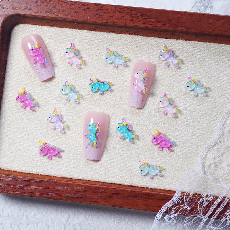 Cross-Border New Cartoon Unicorn Nail Art Accessories Resin DIY 3D Children's Wearable Nail Studs Nail Rhinestones