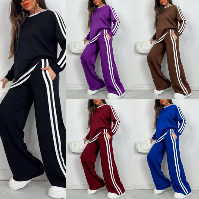 In-Stock European and American Autumn/Winter Women's Clothing, Fashionable Casual Street Style Sports Outfit with Round Neck and Long Sleeves