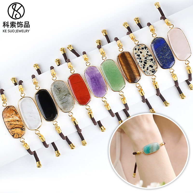 Cross-border natural crystal rectangular bracelet, ins-style simple design for men and women, couple's adjustable woven natural stone wristband Cross-border natural crystal rectangular bracelet, ins-style simple design for men and women, couple's adjustable woven natural stone wristband