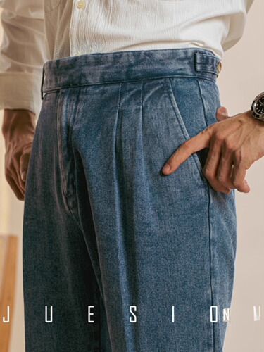 Neapolitan Retro High-Waisted Straight Leg Pants - Japanese Gentleman's Stylish Mix of Heavy-Duty Washed Denim Leisure Trousers