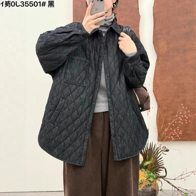 牛仔夹棉外套女 2025秋冬新款复古宽松翻领单排扣菱格棉服 5501|undefined