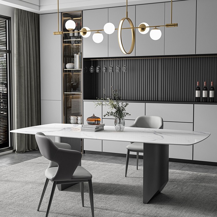 Mesa de comedor ligera de lujo italiano de tabla de roca moderna simple mesa de comedor casera pie de acero inoxidable mesa de comedor de piedra de lujo rectangular