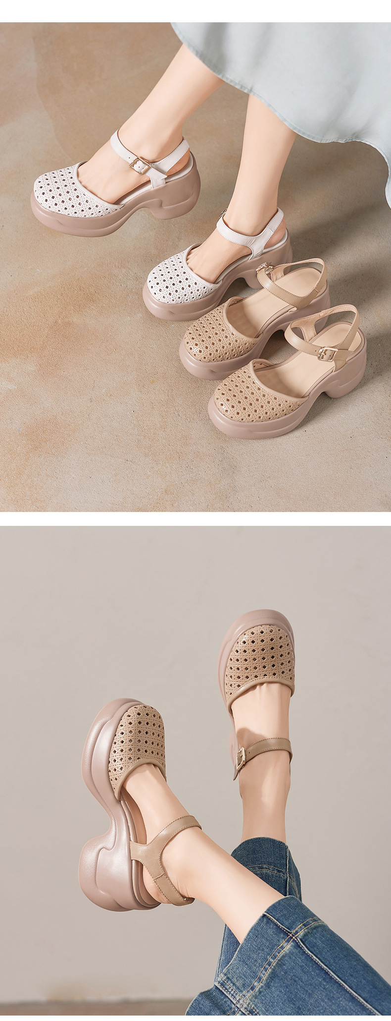 Sandal cao gót nữ mũi kín quai ngang gót 9 cm phong cách La Mã — màu trắng ngà, màu mơ chi tiết 6