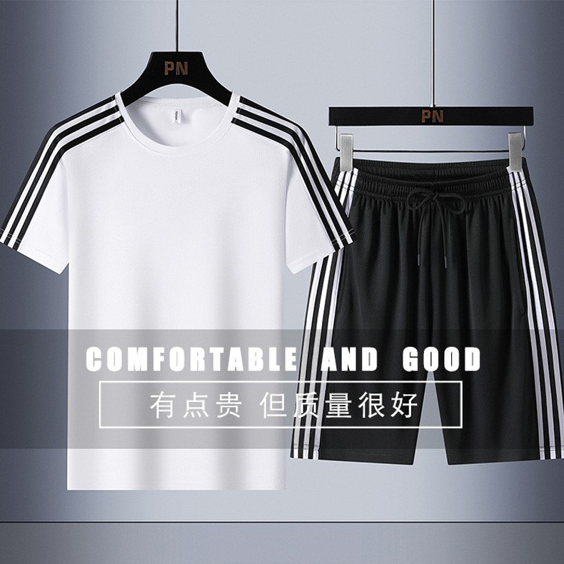 Traje deportivo de tres barras de verano transfronterizo para hombre suelto y versátil de manga corta para hombre estilo delgado clásico corriendo de dos piezas de gran tamaño