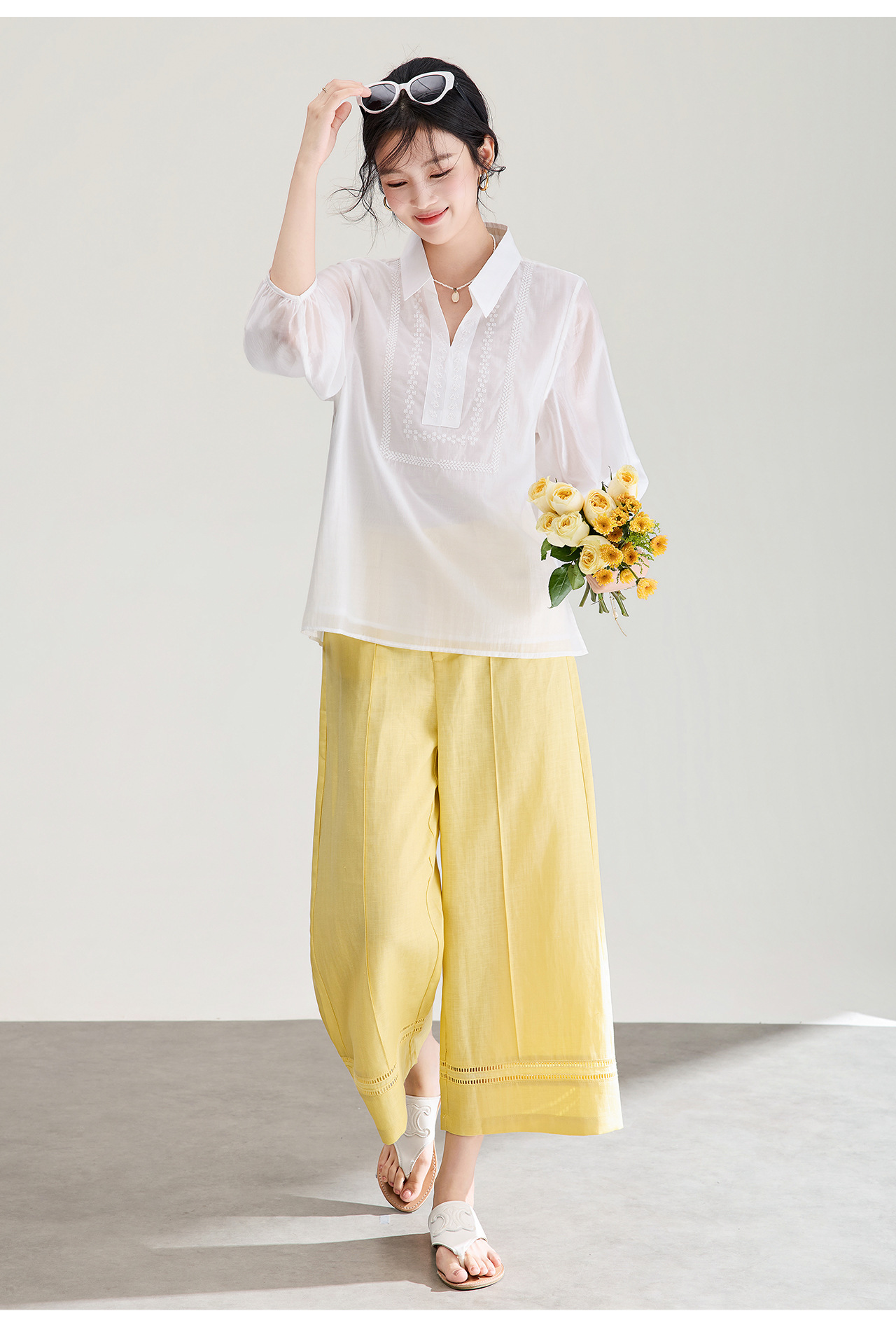 Áo sơ mi nữ tay lỡ thêu hoa tay chất liệu tencel cao cấp — màu trắng chi tiết 21