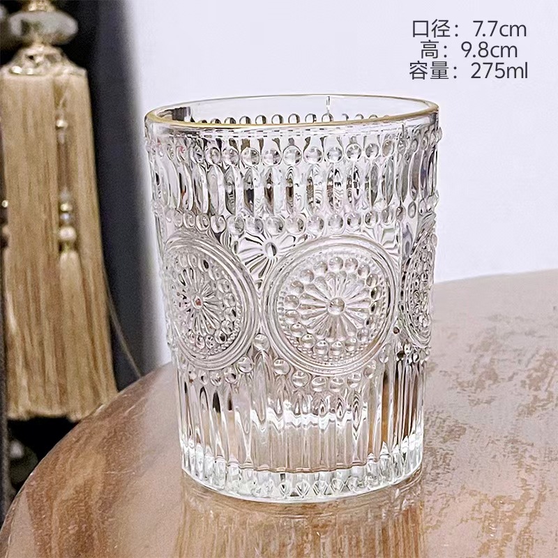 Taza de cristal de flores de sol retro red taza de agua en relieve de alto valor de la cara taza de café taza de leche de avena con mango taza de agua