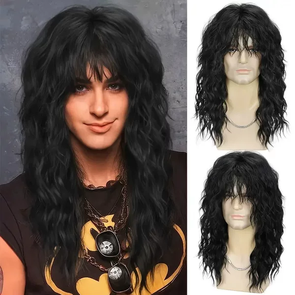 Amazon European and American Men's Dark Brown Long Curly Hair 80S Punk Rock Halloween Cosplay Wig Headgear