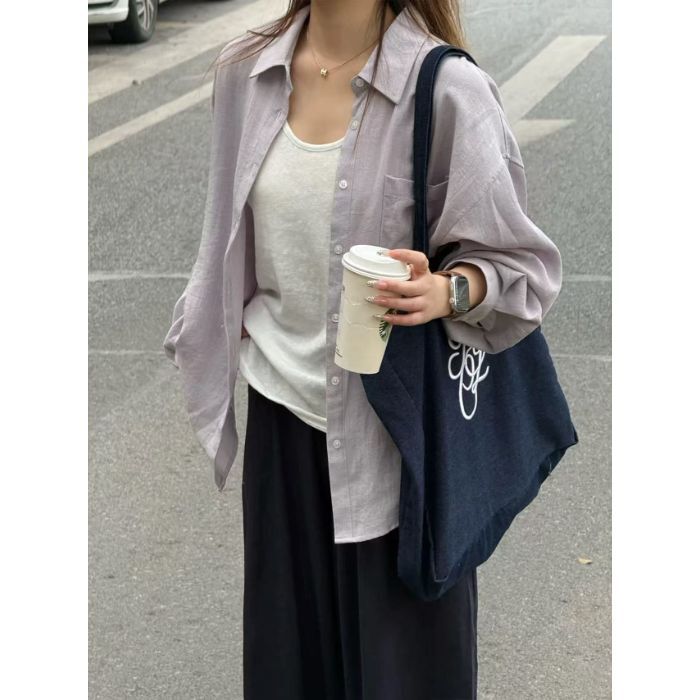 Old Money Style Cotton Sun-Protective Shirt Jacket for Women, Summer High-End Casual Versatile Loose Long-Sleeve Cardigan Shirt