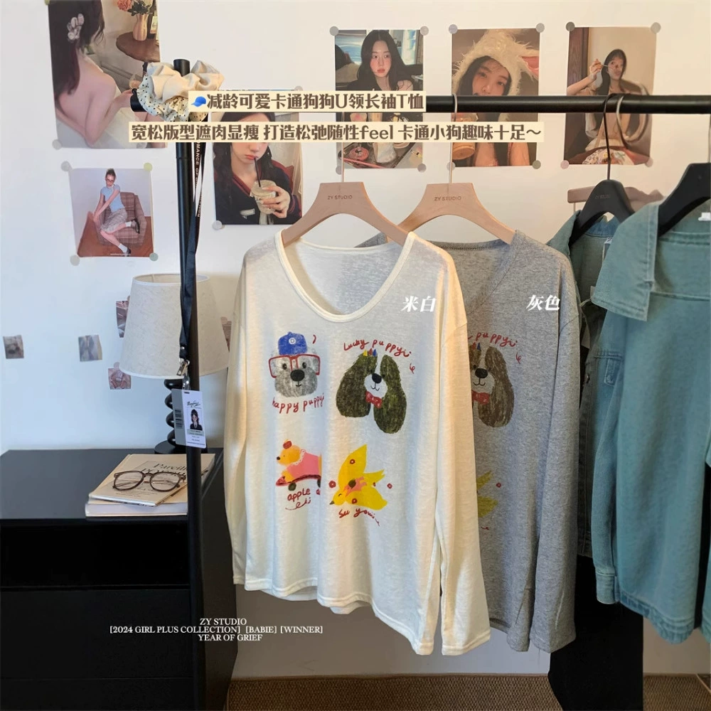 Свободная тонкая солнцезащитная блузка с большим вырезом, женская летняя футболка с длинными рукавами и мультяшным принтом, топ с U-образным вырезом