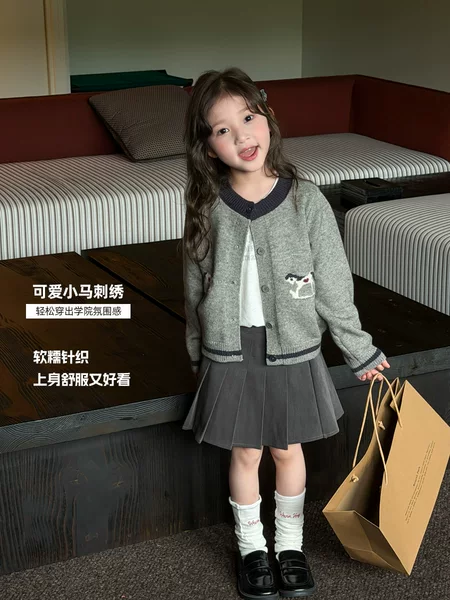 Aimo Beibei Children's Casual Cartoon Pony Knit Top for Girls, Korean Style Color-Block Cartoon Cardigan Sweater Coat