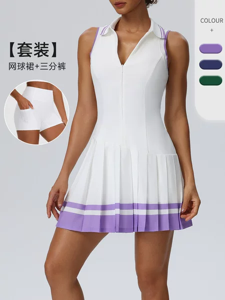 European and American Style Sleeveless Polo Collar One-Piece Tennis Skirt Set with Contrasting Color Pleated Fitness Dress 62120+62414
