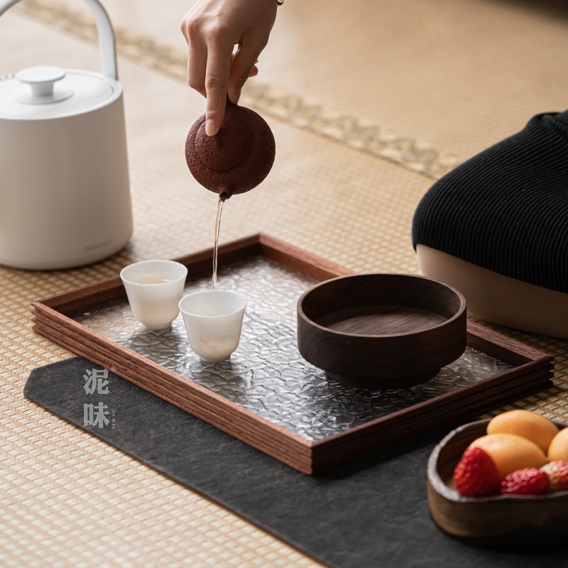 Japón retro mano de martillo de nuez negra bandeja de té de vidrio bandeja de infusión seca rectangular accesorios de ceremonia del té