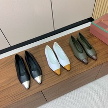 百搭高定版新款法式真皮拼色浅口奶奶鞋软底尖头平底鞋女鞋小皮鞋