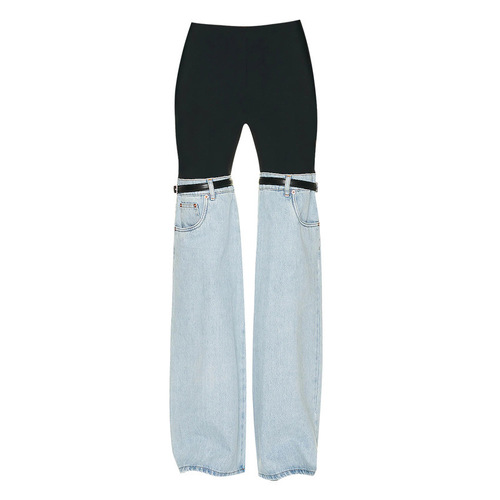 European and American design contrasting color splicing jeans for women spring new niche personality high-waisted versatile straight trousers