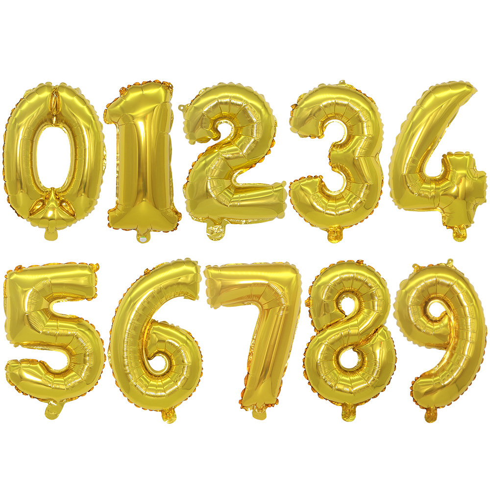 Cross-border exclusive 16-inch glossy gold digital aluminum balloons 0-9, 50 pcs per pack birthday wedding decoration balloons