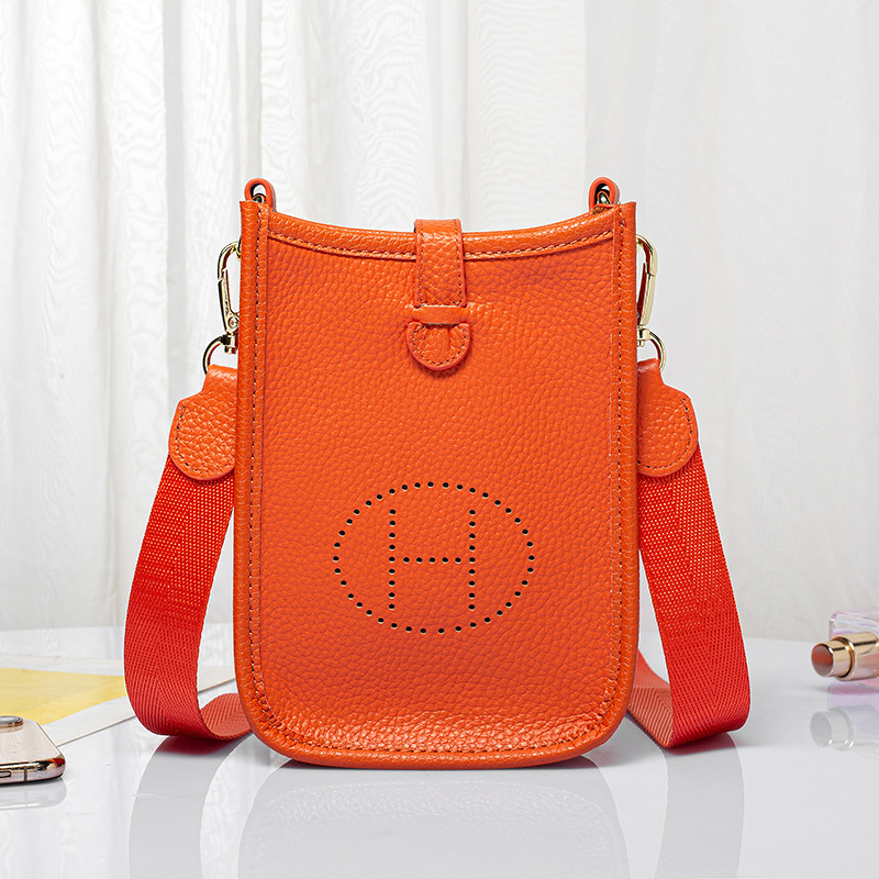 2024 New Genuine Leather Mobile Phone Bag First Layer Cowhide Women's Bag Lychee Pattern Crossbody Tote Bag Mini Eveline Bag