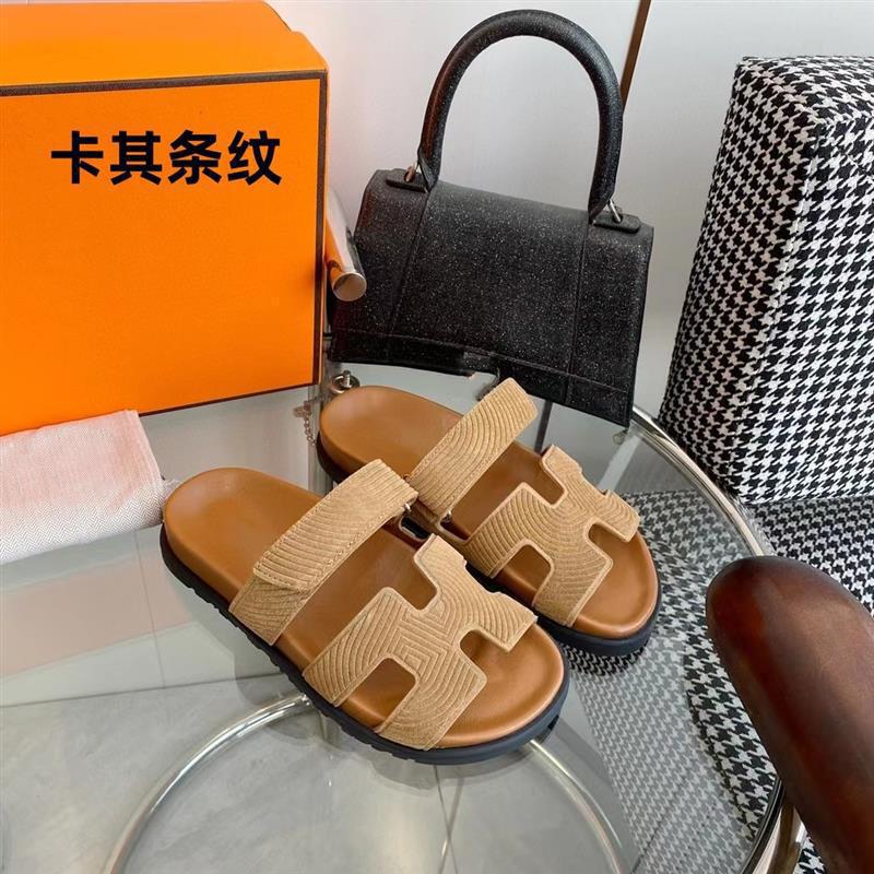 女性用の高品質の二級サンダル、ビーチ用の第一層牛革ベルクロスリッポン、男性用のフラットビッグブランドスリッパ|undefined