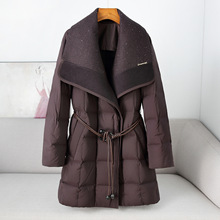 2025年新款羊毛线领白鹅绒羽绒服秋冬韩系中长款厚款保暖鹅绒服女