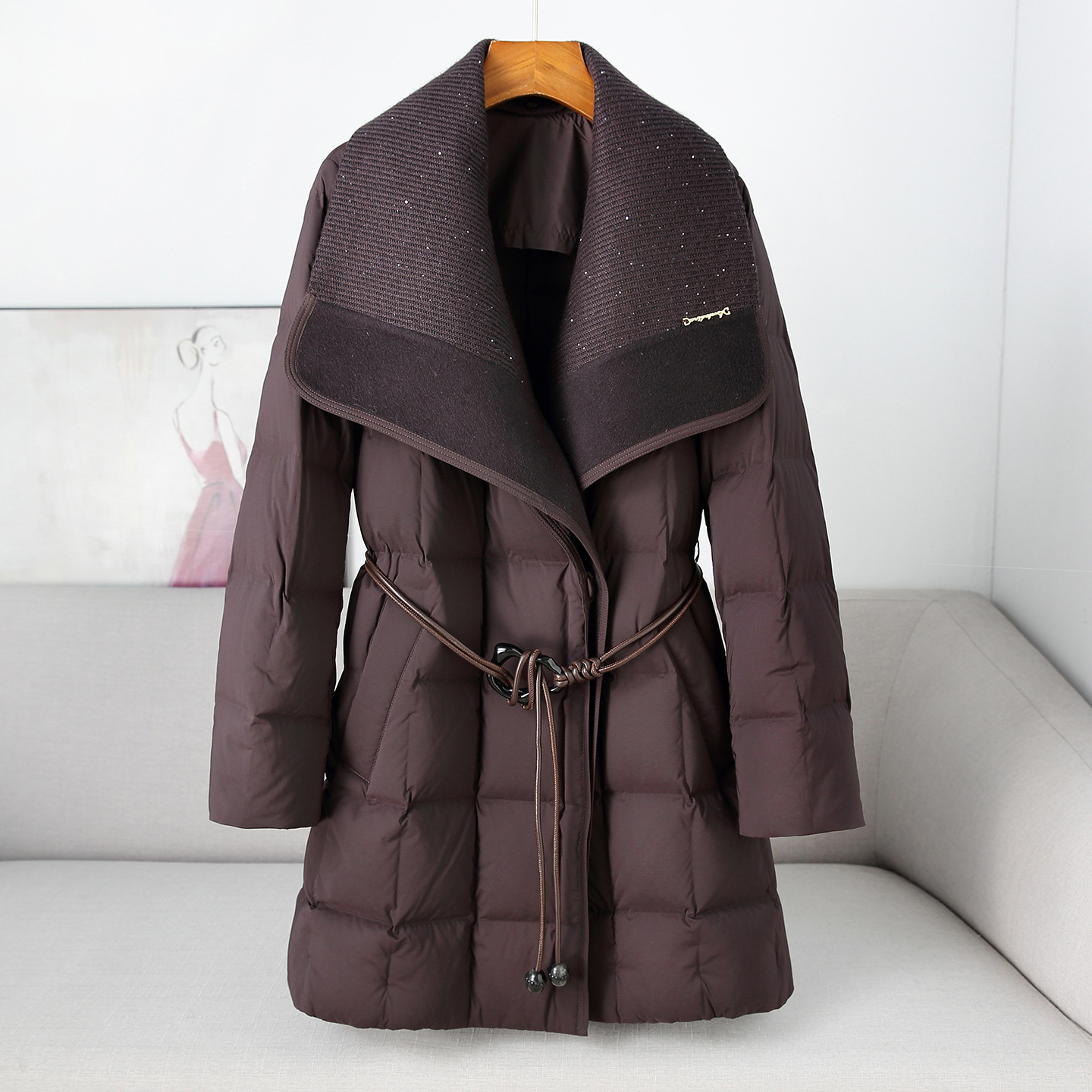 2025年新款羊毛线领白鹅绒羽绒服秋冬韩系中长款厚款保暖鹅绒服女