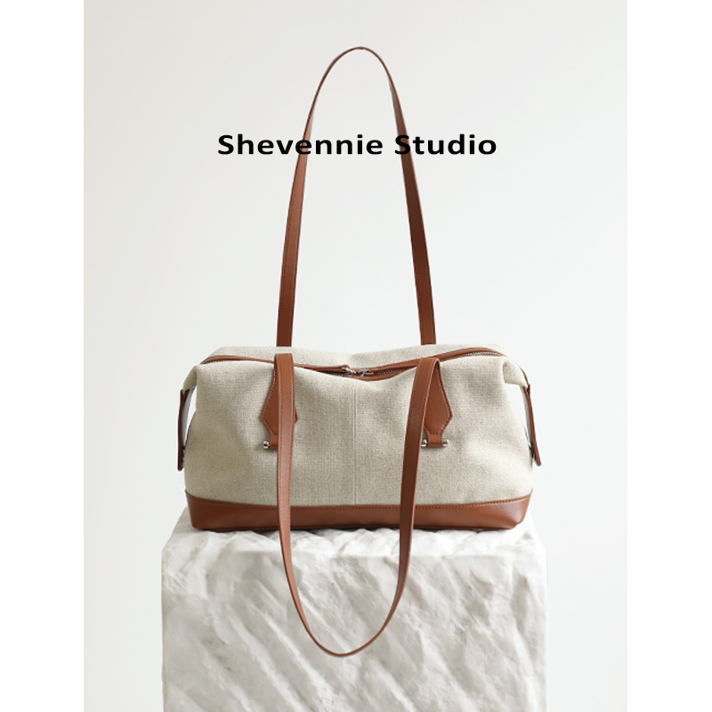 Retro Niche Design Canvas And Cowhide Pillow Bag, Large Capacity Underarm Bag, Casual Single Shoulder Tote Bag For Women - Thumbnail 2