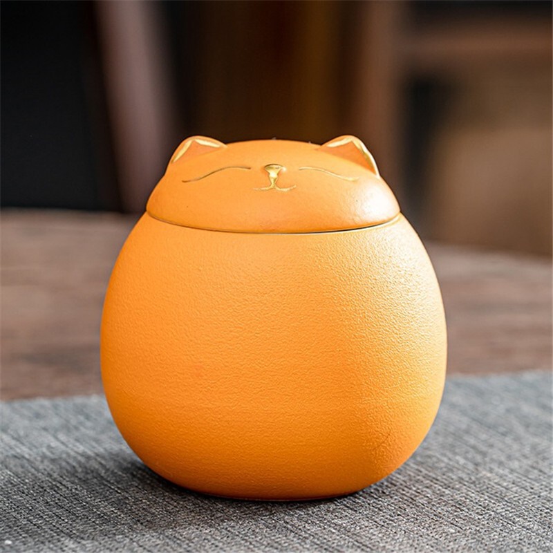 Lucky Cat Ceramic Tea Jar Portable Moisture-proof Storage Jar Creative Cute Cat Desk Ornaments Tea Storage Jar