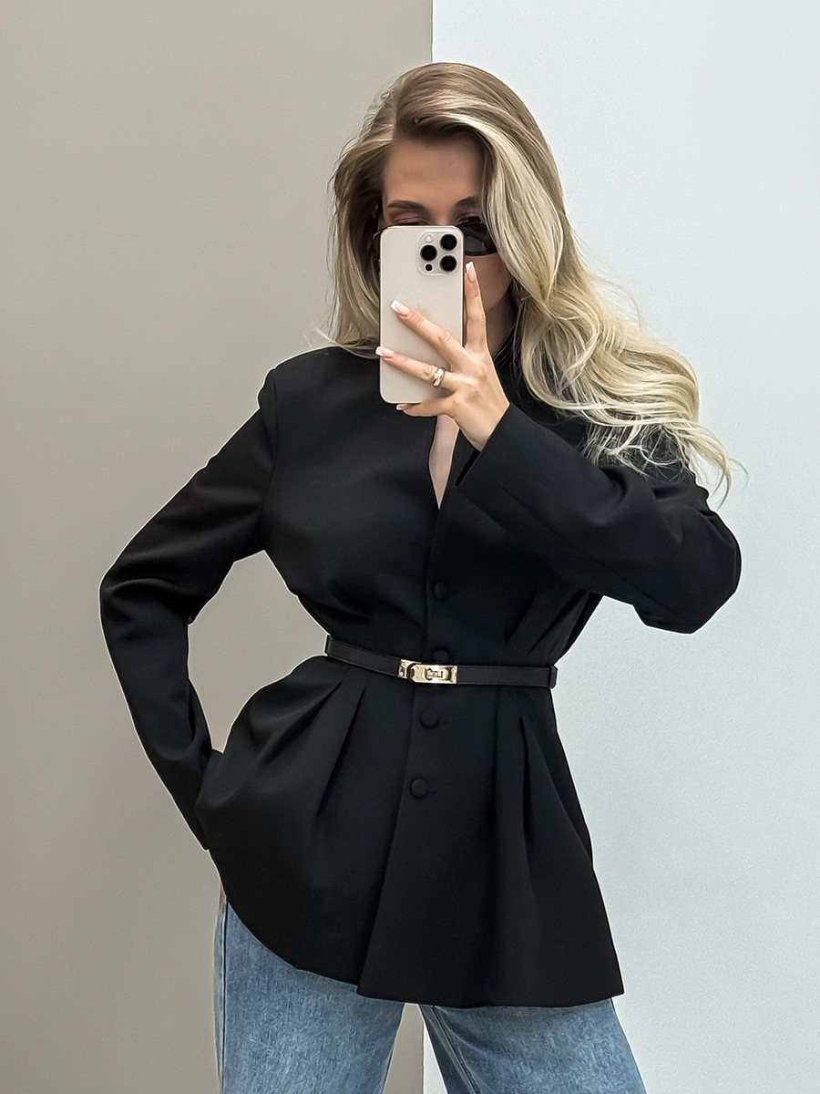 Chaqueta de Traje con Cuello en V para Mujer de Poliéster y Viscosa Corte Ajustado en la Cintura para Oficina y Trabajo