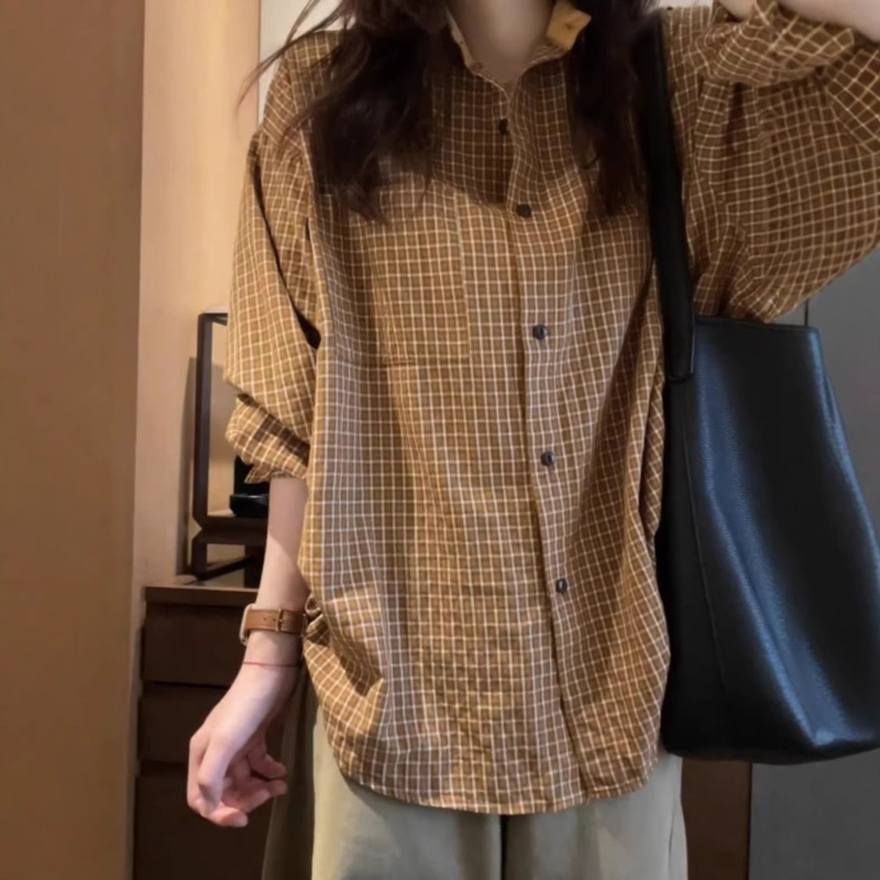 Korean-Style Loose and Lazy Brown Long-Sleeve Plaid Shirt for Women, 2026 New Casual Versatile Top for Women Korean-Style Loose and Lazy Brown Long-Sleeve Plaid Shirt for Women, 2026 New Casual Versatile Top for Women