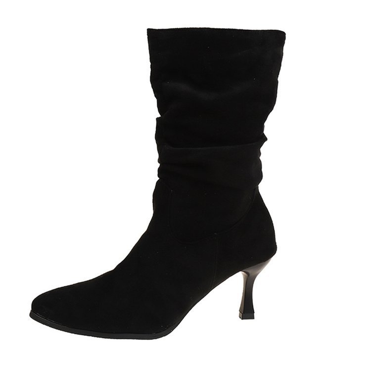 Botas de mujer, piernas gruesas, tacones de aguja, botas de tacón medio, pero pliegues de rodilla, botas de pila de punta puntiaguda de ante, botas Martin de tubo medio