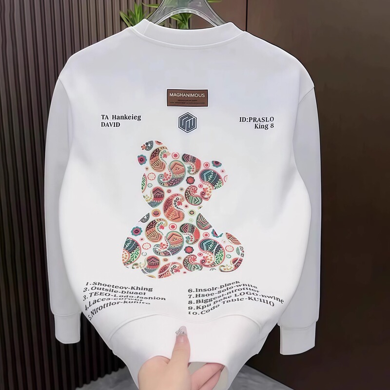 2024 autumn and winter fashion brand net red super good-looking cashew flower bear printed crew neck sweater pullover long sleeve top men's