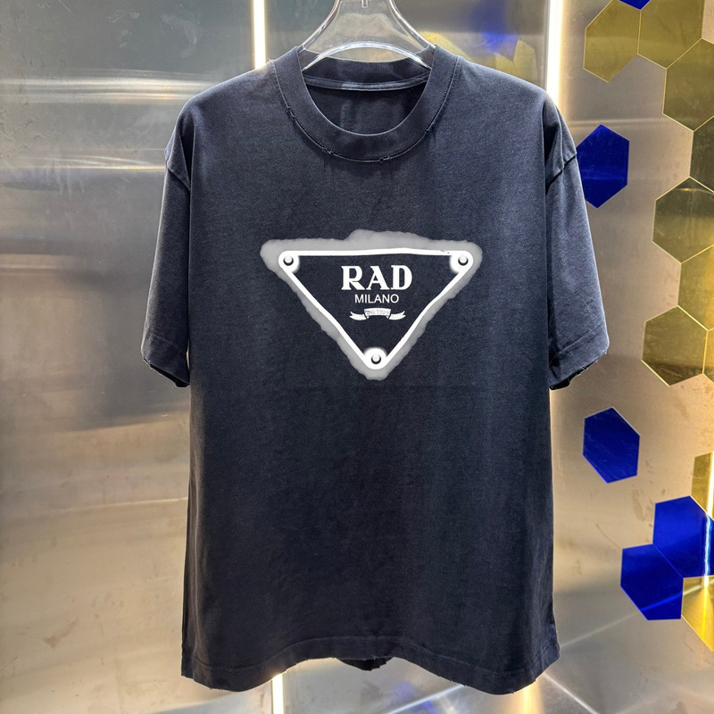 High-End Version of P Brand Men's Clothing, New Summer Style, Distressed Triangle Logo Short-Sleeve T-Shirt, Men's High-End Trendy Ins-Style Brand