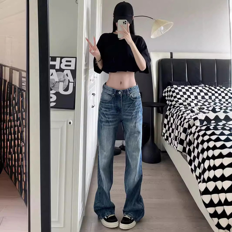 recommend American Washed Lightning Crack Blue Jeans New Fashion Brand Dipped Loose Straight Pants