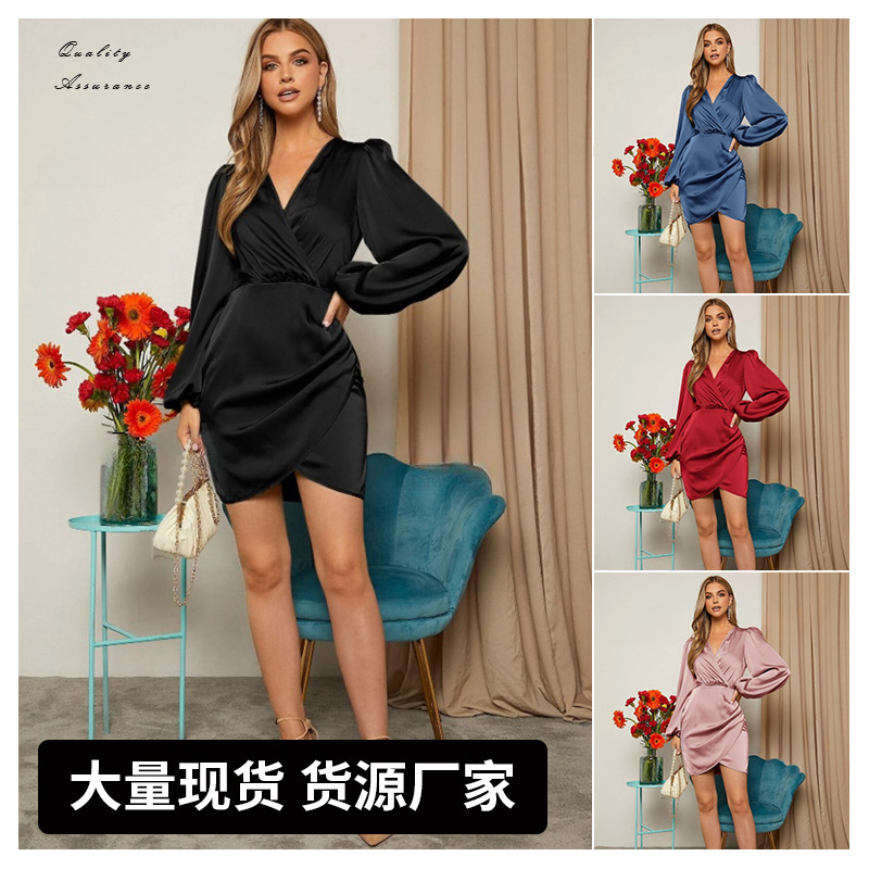 Cross V Neck Dress, Satin Long-Sleeved Dress, Amazon Cross-Border Celebrity Style Slim Women's Clothing