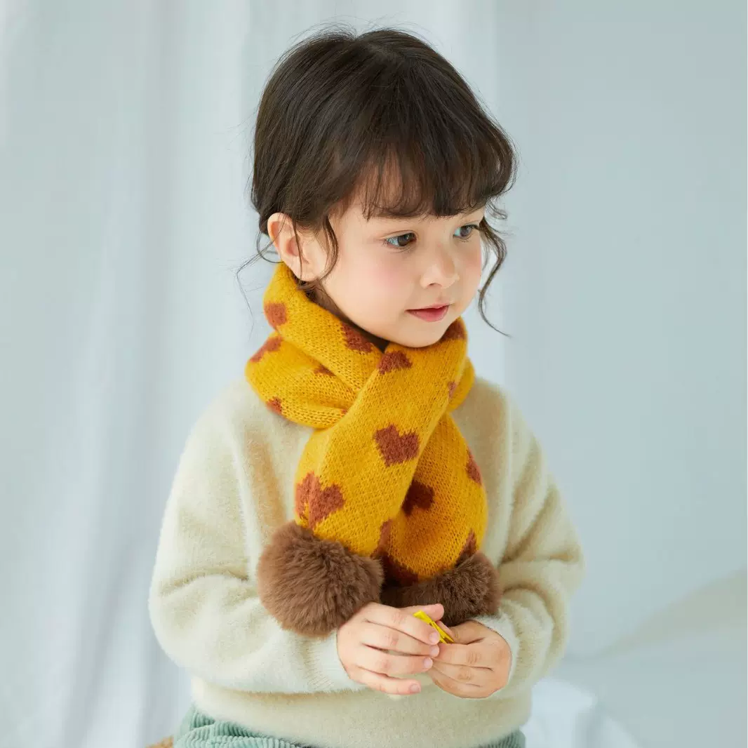 巴巴马马儿童围巾冬厚保暖提花爱心甜美围脖女宝宝加厚围脖围巾
