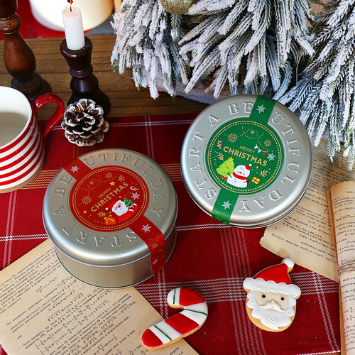 Christmas cookie packaging tin box baking New Year snowflake crisp nougat candy round tin can
