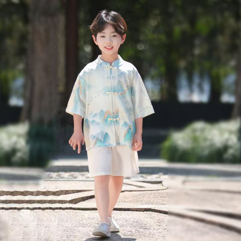 男の子と女の子のための子供用漢服、新しい中国風の漢服半袖スーツ、夏の新しい中国風の唐スーツ、中国学のパフォーマンススーツ|undefined
