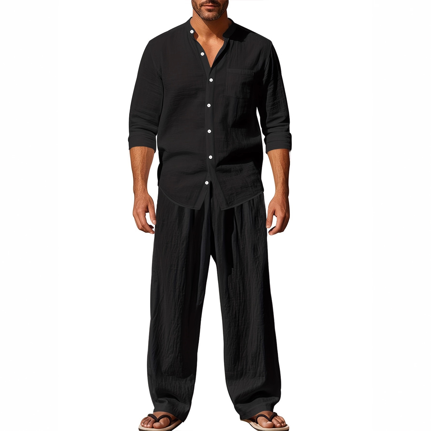 Men's Casual Linen Shirt And Trouser Set All-Season Breathable Loose Fit Long-Sleeved Versatile Cool American Style_viptrois.com