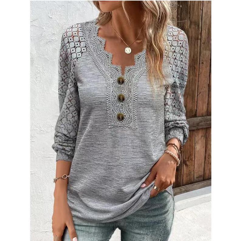 Cross-border 2023 Amazon Autumn New Comfortable Casual Lace Long Sleeve Stitching V-neck Pullover Top Women's T-shirt