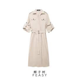 亚马逊跨境外贸欧美女装2024秋季新款衬衫款式配腰带迷笛连衣裙