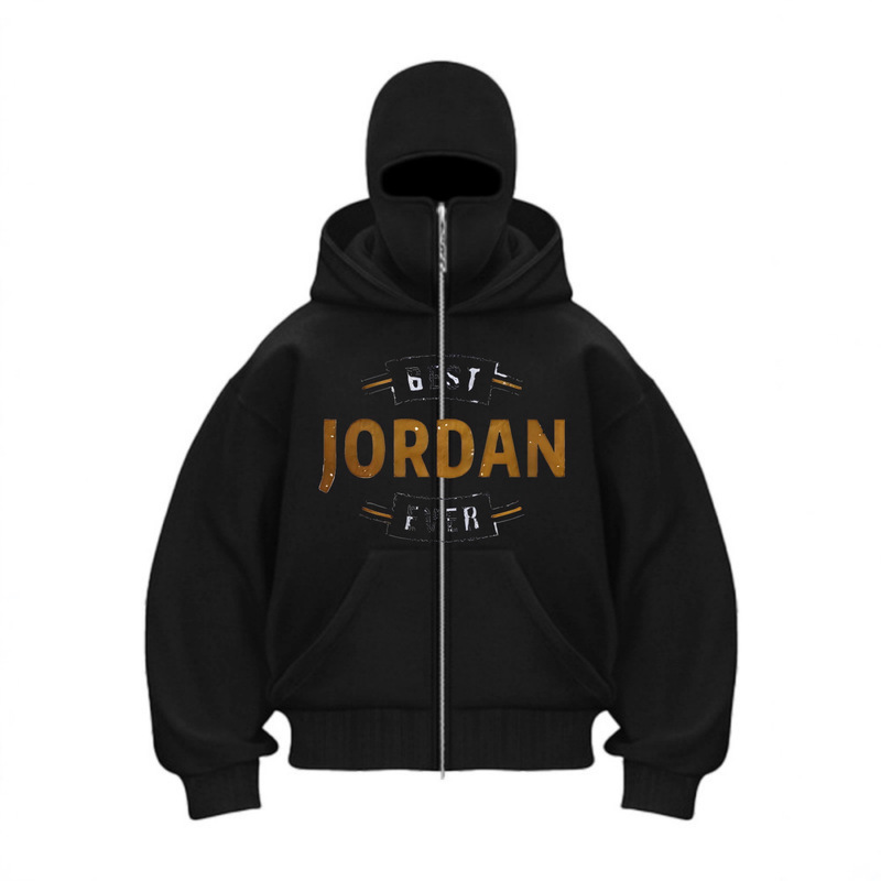 2025 European and American Cross-Border Jordan Letter Print Casual Street Style Fashion Men's and Women's Double Hood Mask Zipper Sweatshirt