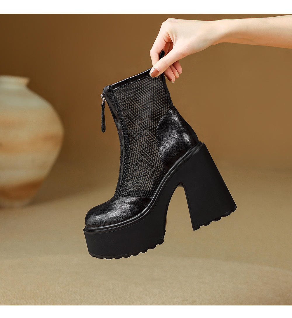 Boot nữ đế dày cao gót lưới thoáng khí kéo khóa trước phong cách combat — màu đen chi tiết 18